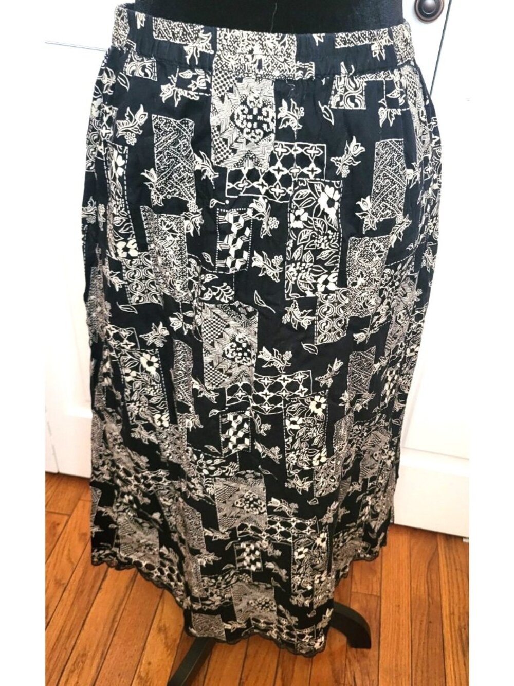 Good Times 100% Cotton Black Patchwork Print Skirt Lace Trim M Whimsygoth Preppy